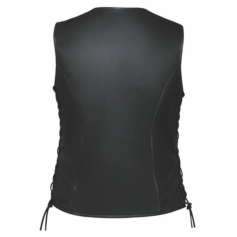 Alternate angle of Mae - Womens Zippered Leather Motorcycle Vest, highlighting construction detail