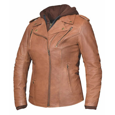 Main view of Unik women's tan leather motorcycle jacket, shown on plain studio background