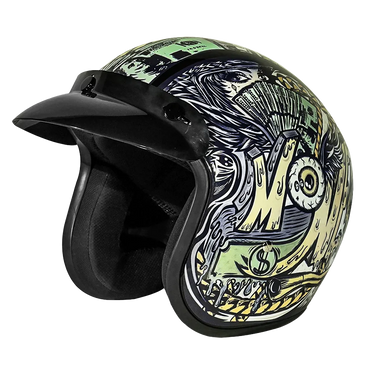 Daytona Cruiser Open Face Motorcycle Helmet Visor & Graphics Money, a cruiser - graphics