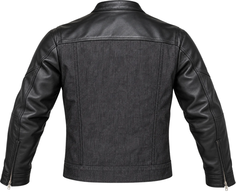 Roughneck denim and leather motorcycle jacket – back view
