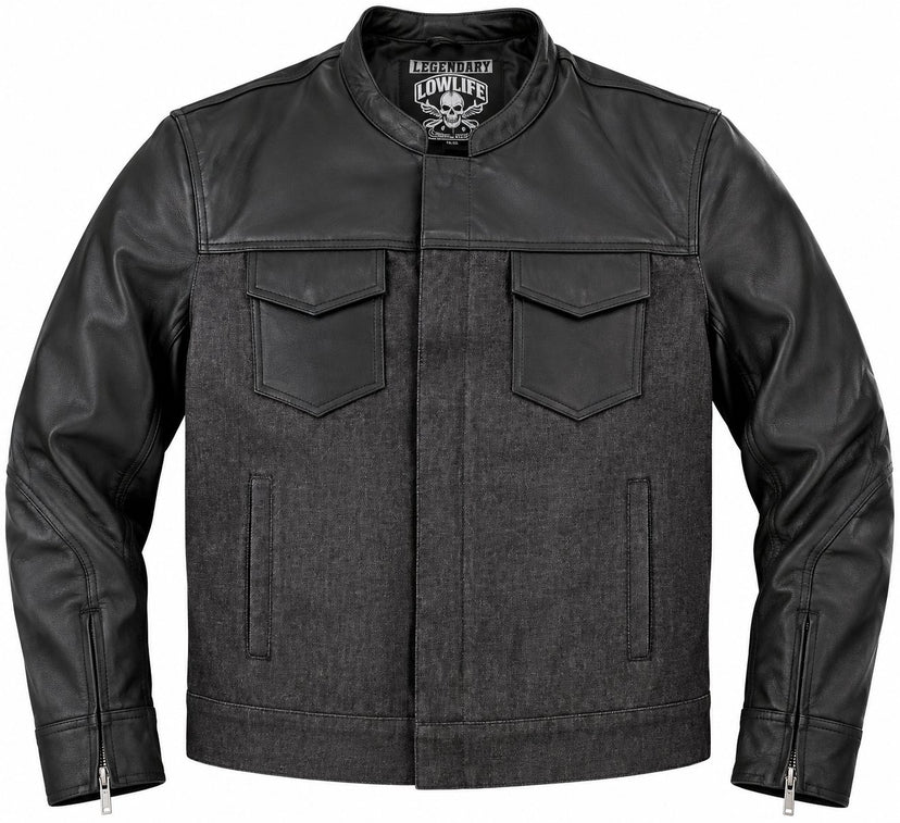 LEGENDARY USA Roughneck denim and leather motorcycle jacket – front view