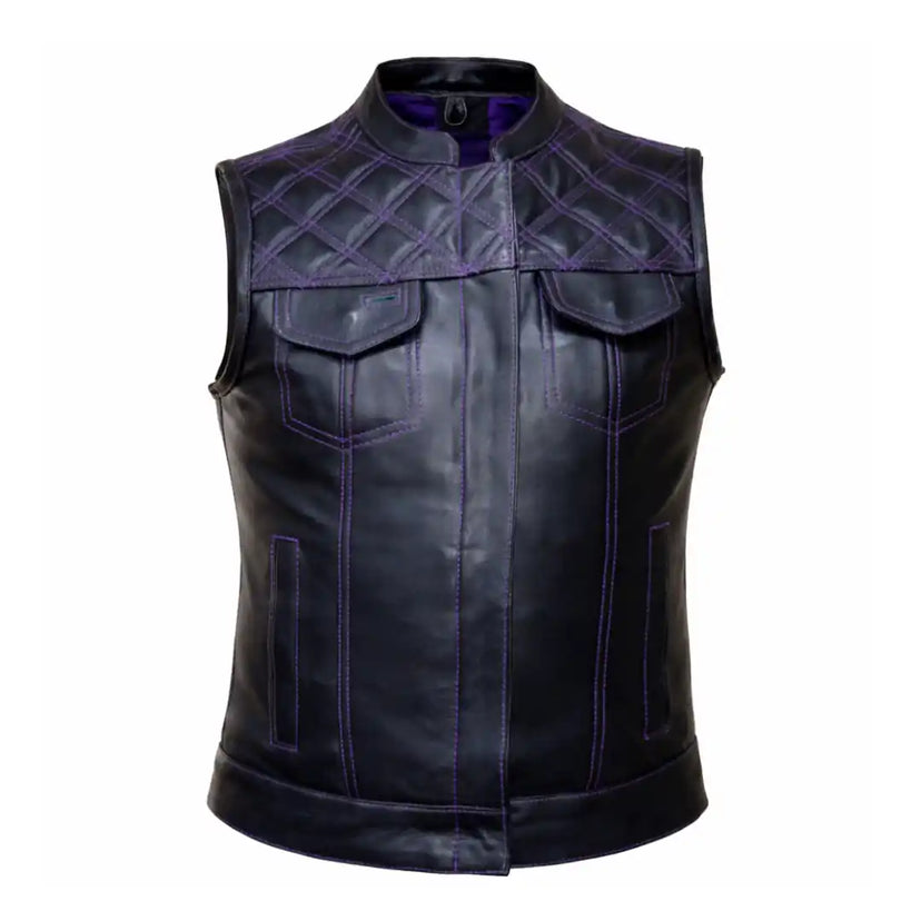 Front-facing view of women's diamond stitch purple motorcycle vest, with brand detailing visible