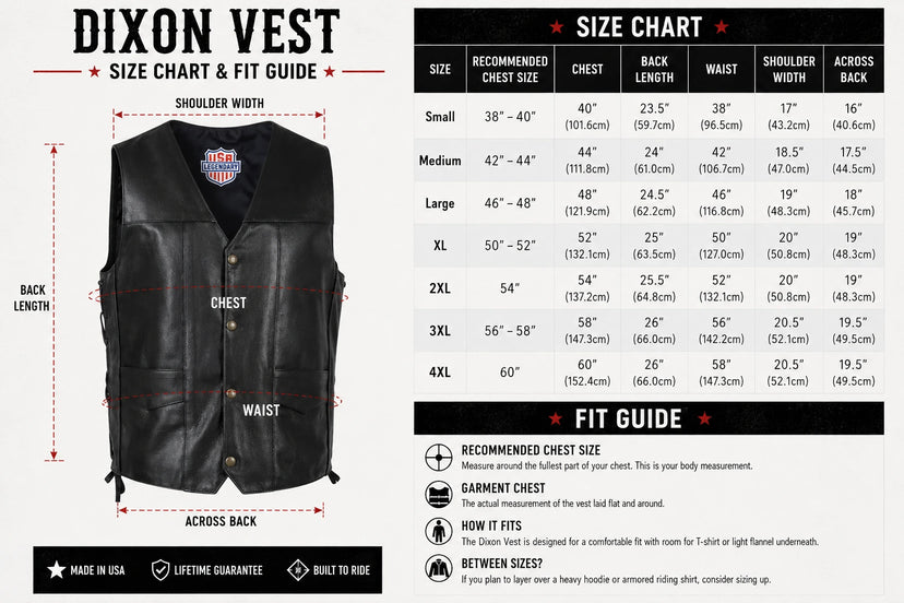 Size chart for the Legendary Dixon Men's Leather Motorcycle Vest with body measurements to help find your fit made in USA