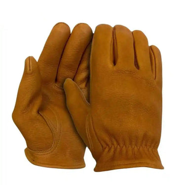 Legendary USA tan deerskin leather short wrist motorcycle gloves displayed flat, showing front and back glove details made in USA logo