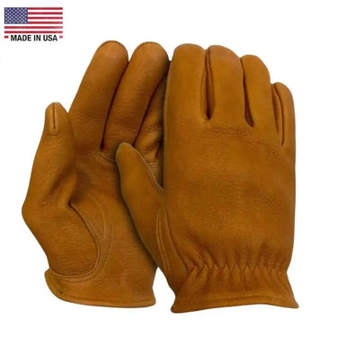 Legendary USA tan deerskin leather short wrist motorcycle gloves displayed flat, showing front and back glove details made in USA logo