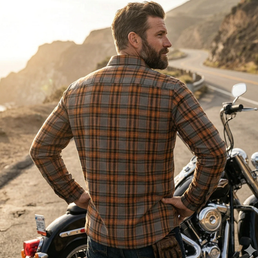 Legendary No Life™ Plaid Flannel Riding Shirt - Grey/Blue/Orange - Men's Limited Edition