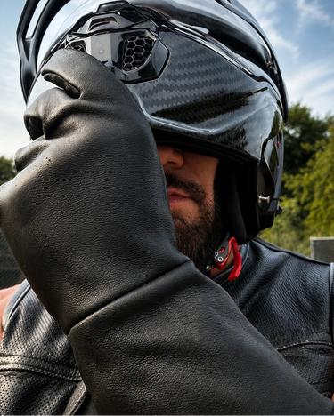 Classic Deerskin Gauntlets shown worn to show fit and styling made in USA, a motorcycle glove