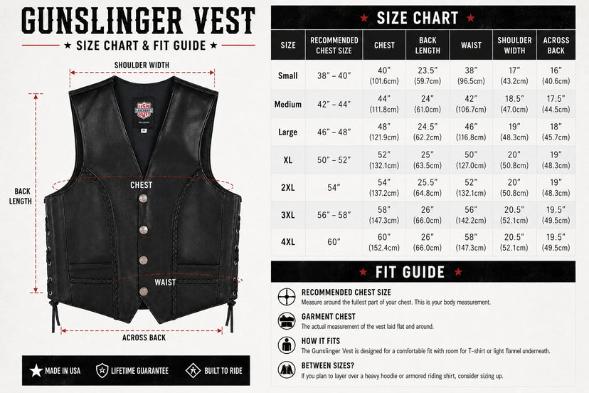 Size chart for the Legendary Gunslinger Men's Leather Vest with body measurements to help find your fit made in USA