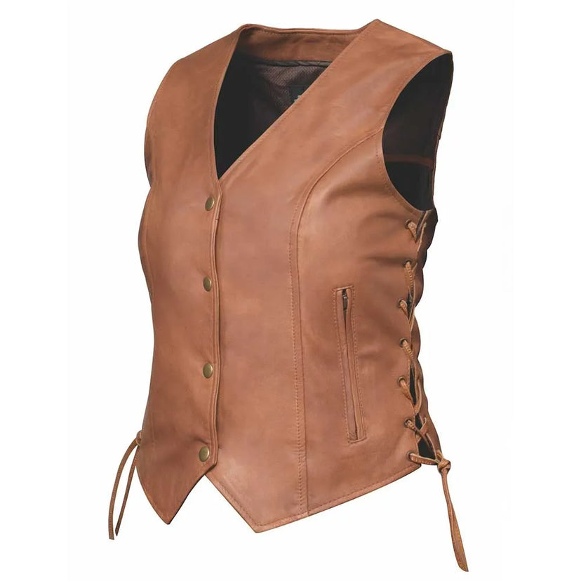 Front-facing view of Leah - Ladies Brown Leather Vest, shown on plain studio background