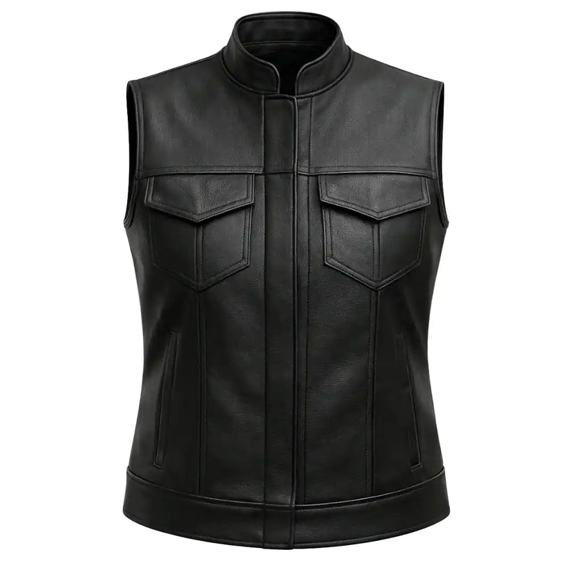 Front view featuring Lynda women's club style motorcycle vest, with brand detailing visible