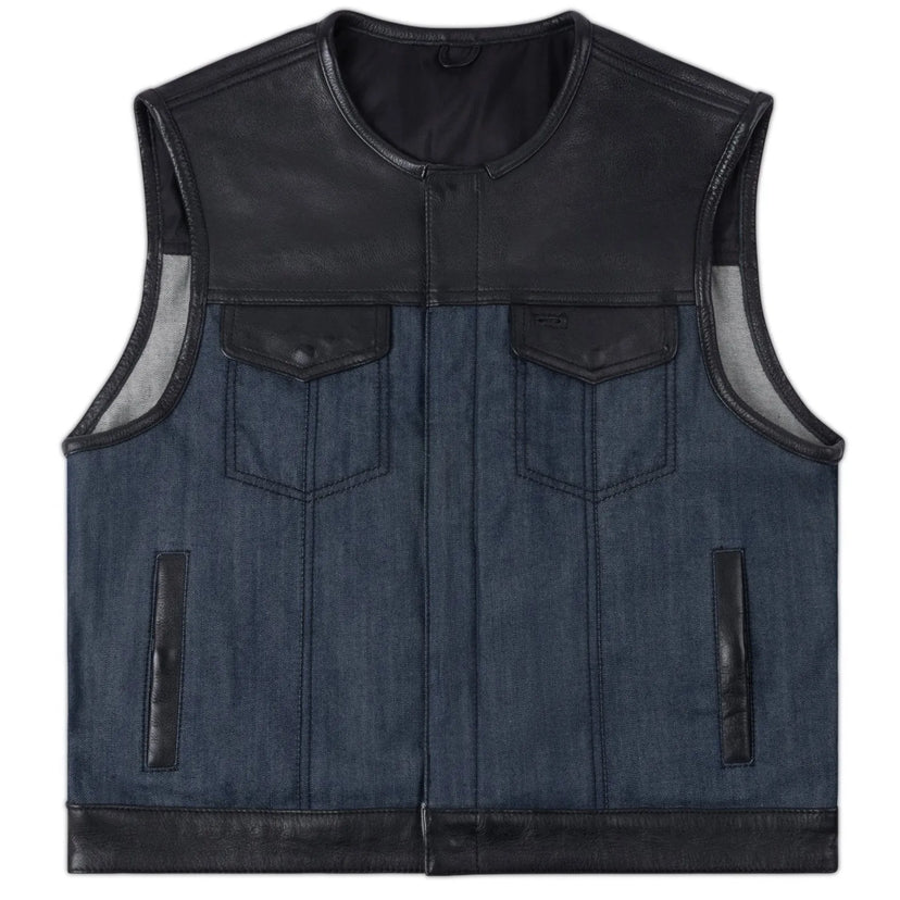 Main view of Legacy of Legends denim motorcycle vest, shown on plain studio background