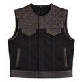 Legacy of Legends 'Cowboy' Black Twill Denim & Dark Chocolate Diamond Stitch Cropped Motorcycle Vest