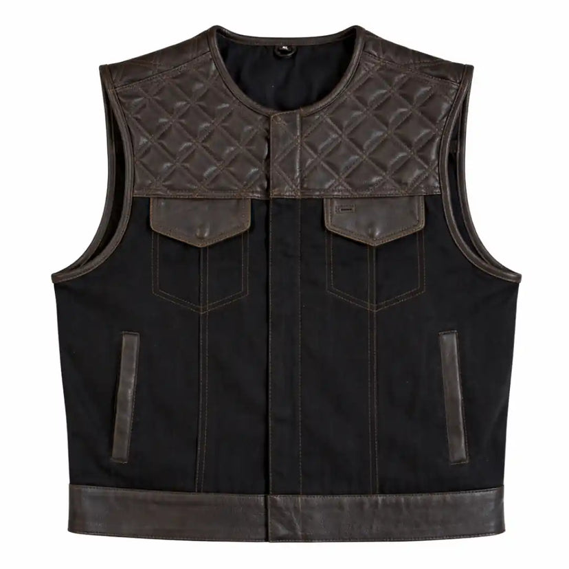 Front view showing Legacy of Legends cropped chocolate denim twill motorcycle vest