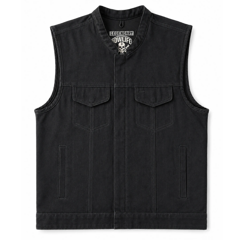Legendary 'Nightshift' Black Denim Vest front view showing the black cotton design made in USA
