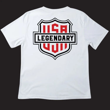 Back view of Legendary All American t-shirt showing large red and black USA Legendary shield graphic, made in USA