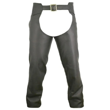 Front view of Legendary Bad Ass Leather Motorcycle Chaps in brown with buckle waist and open seat, Made in USA