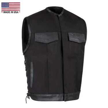 Legendary Black Jack men’s lightweight Cordura motorcycle vest front view with snap closure, made in USA