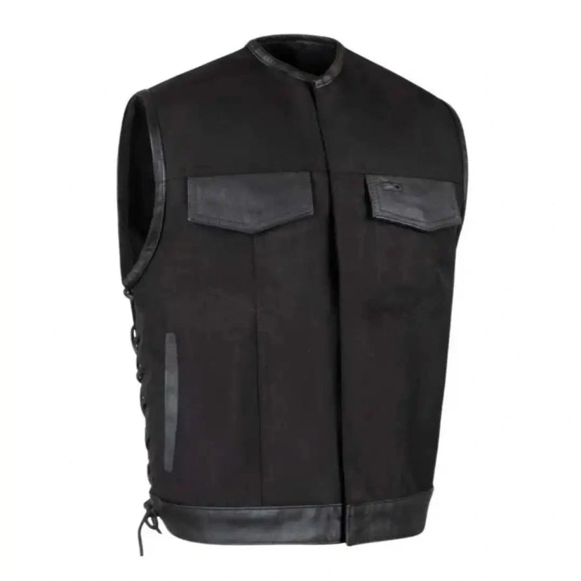 Legendary Black Jack men's lightweight Cordura motorcycle vest front view with snap closure, made in USA