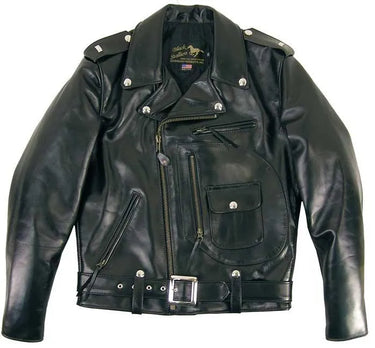 Flat front view of the Legendary Black Stallion leather motorcycle jacket showing pocket and zipper details