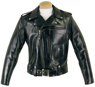 Angled front view of the Legendary Black Stallion leather jacket on mannequin showing curved pocket and belt