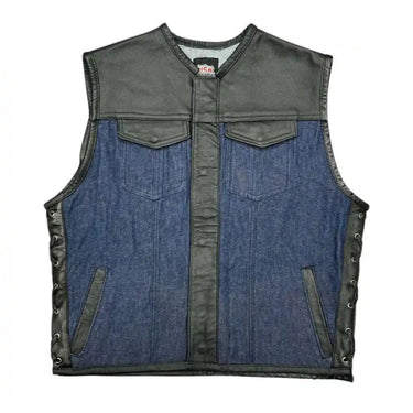 Front view of Legendary Blue Demo Denim & Leather Club Vest with snap closure and dual chest pockets, Made in USA