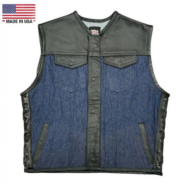 Front view of Legendary Blue Demo Denim & Leather Club Vest with snap closure and dual chest pockets, Made in USA