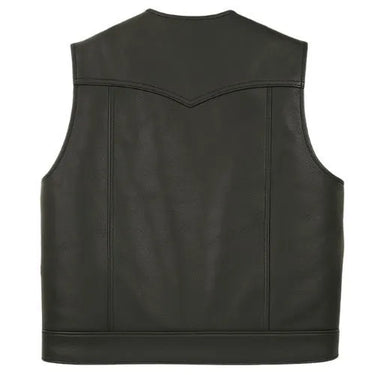 Back view of Legendary Brotherhood leather motorcycle vest with clean panel design and western yoke, Made in USA