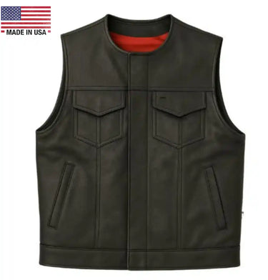 Front view of Legendary Brotherhood men's leather motorcycle vest with snap front and concealed pockets, Made in USA