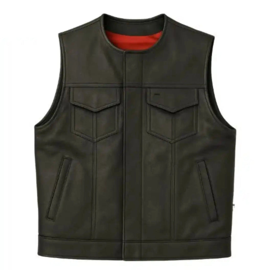 Front view of Legendary Brotherhood men's leather motorcycle vest with snap front and concealed pockets, Made in USA