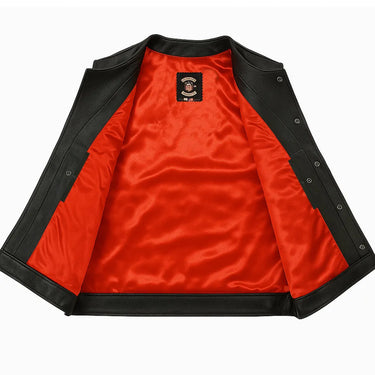 Interior view of Legendary Brotherhood men's leather motorcycle vest showing red satin lining, Made in USA