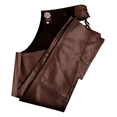 Folded view of brown leather chaps showing interior construction and waistband detail, Made in USA