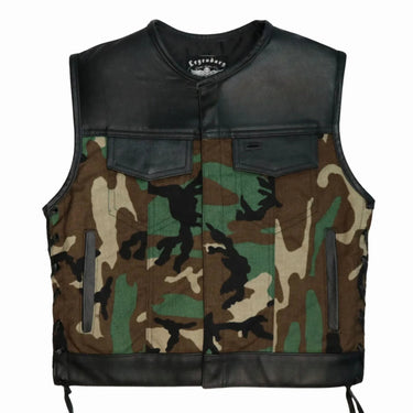 Front view of Legendary camo club-style motorcycle vest made with Cordura fabric and black leather trim, made in USA