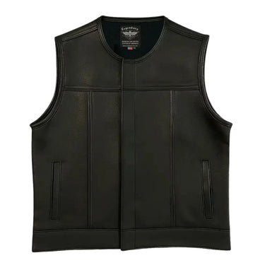 Front view of Legendary Classic NCP Fitted Leather Club Style Motorcycle Vest with clean finish, made in USA