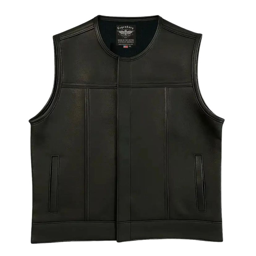 Front view of Legendary Classic NCP Fitted Leather Club Style Motorcycle Vest with clean finish, made in USA