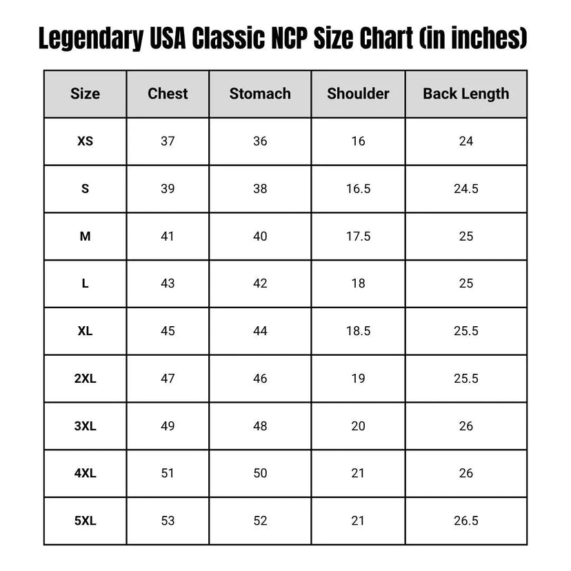 Size chart for Legendary Classic NCP Leather Vests including chest, stomach, shoulder, and back length in inches, made in USA