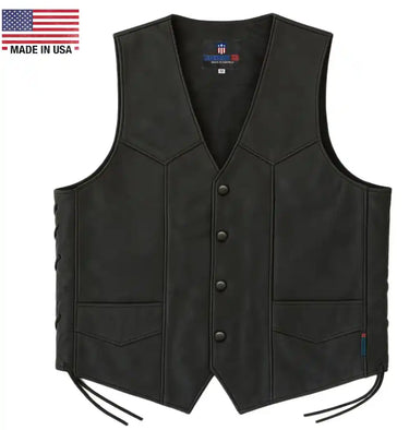 Front view of the Legendary Club Style men's leather motorcycle vest with button closure and side lacing