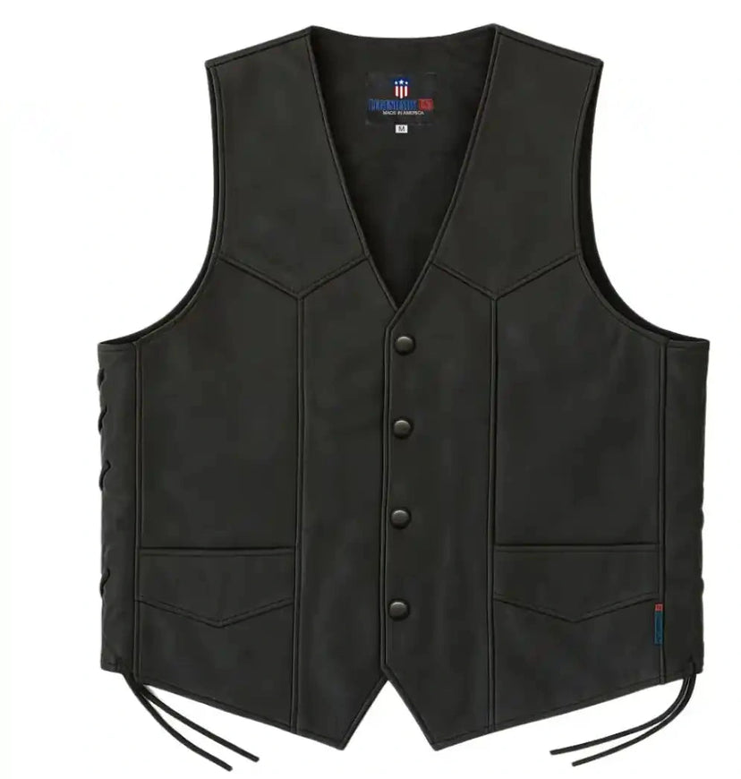 Front view of the Legendary Club Style men's leather motorcycle vest with button closure and side lacing