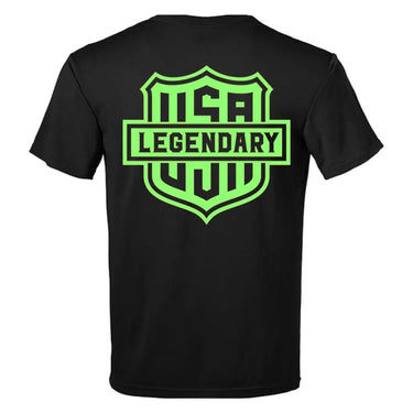 Back of the Legendary Color Shield Motorcycle T-Shirt with oversized neon green USA Legendary design, Made in USA