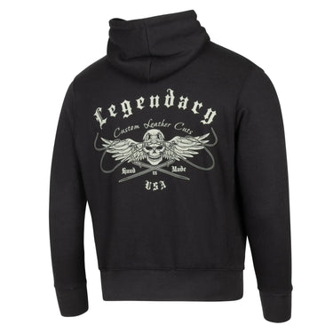 Legendary Custom Cuts Best Damn Motorcycle Hoodie in black by Legendary USA, back view with large winged skull logo graphic, made in USA