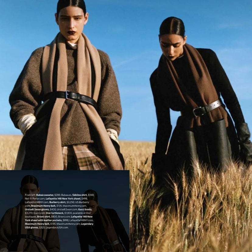 Fashion editorial featuring two models in a wheat field, one wearing Legendary USA deerskin gauntlet gloves styled with high-end outerwear