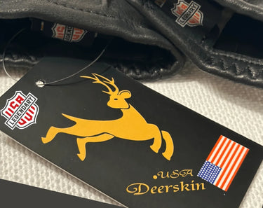 USA deerskin leather tag showing Made in USA branding for Legendary short wrist touchscreen gloves