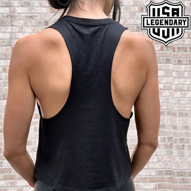 Model back view of black racerback cropped tank showing athletic cut and USA-made quality