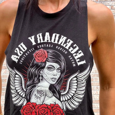 Close-up of Legendary Día de Muertos tank graphic showing detailed artwork on black cotton, made in USA