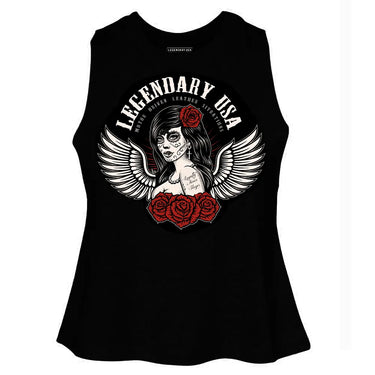 Legendary USA women's racerback cropped tank in black with Día de Muertos winged rose graphic, made in USA