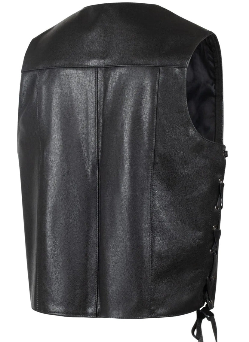 Back view of Legendary Dixon men’s leather motorcycle vest showing clean panel construction, made in USA