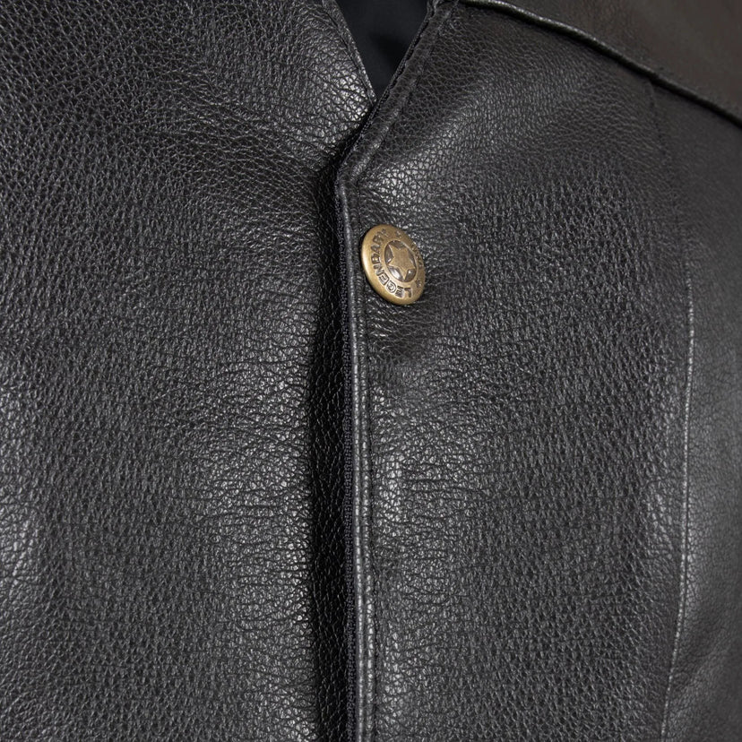 Close-up of pebbled leather and snap button detail on Legendary Dixon men’s motorcycle vest, made in USA