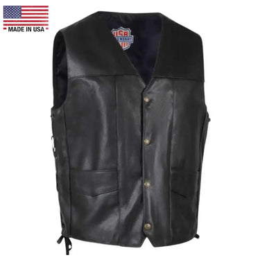 Legendary Dixon men’s leather motorcycle vest front view with snap button closure, made in USA