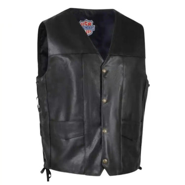 Legendary Dixon men's leather motorcycle vest front view with snap button closure, made in USA