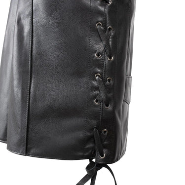 Side lace adjustment detail on Legendary Dixon men’s leather motorcycle vest, made in USA
