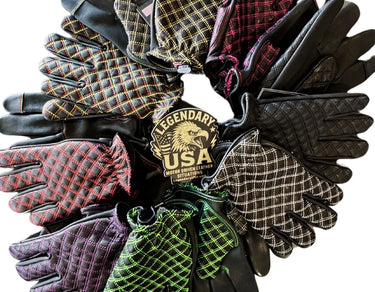 Top-down view of Legendary USA Double-Diamond Deerskin Gloves in assorted thread colors arranged in circular layout, made in USA